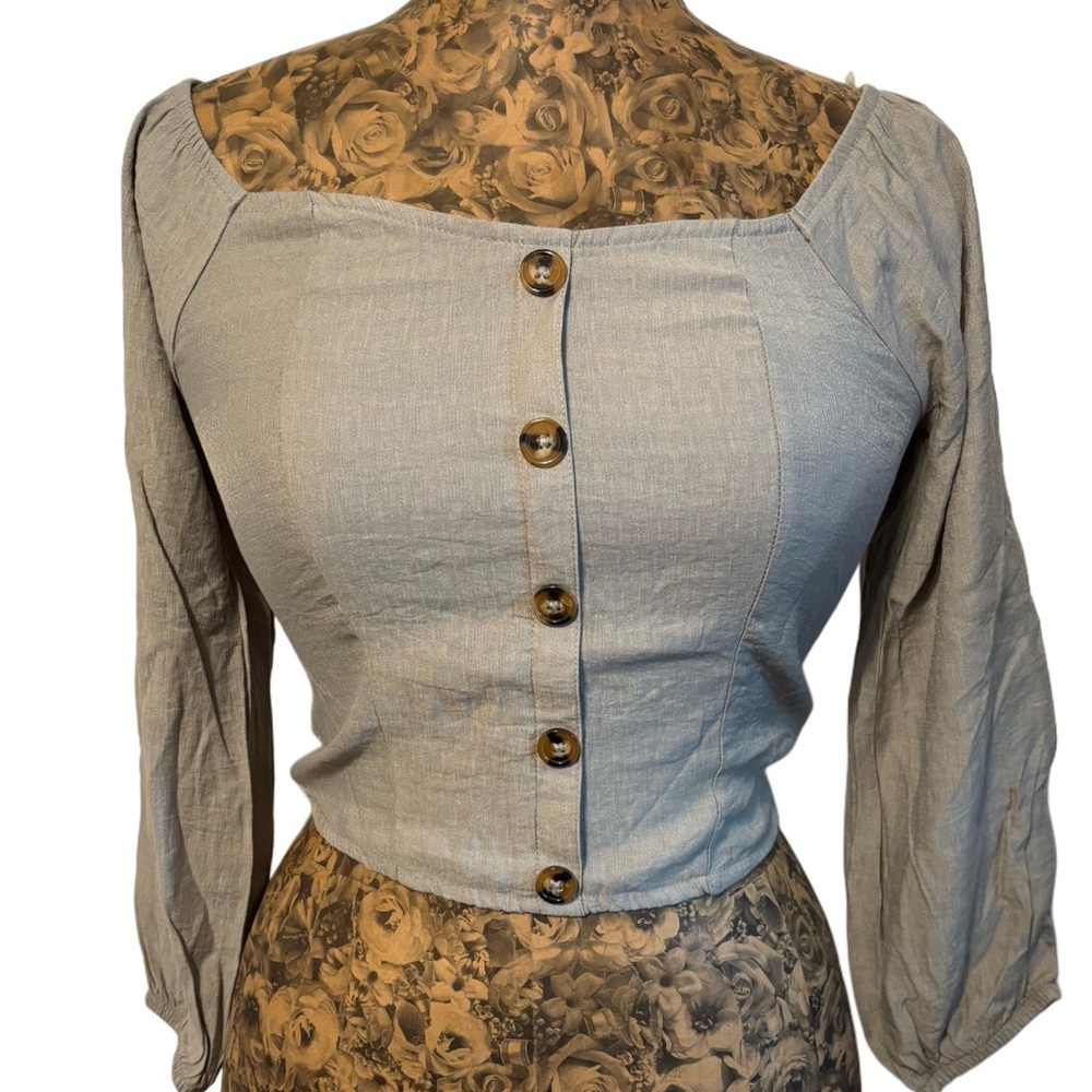 Crave Fame Gray Crop Button Long Sleeve Women's Top Size M